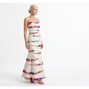 Terani Couture Ivory Multicolor Floral Appliqué Banded Cocktail Dress Sequin Bea